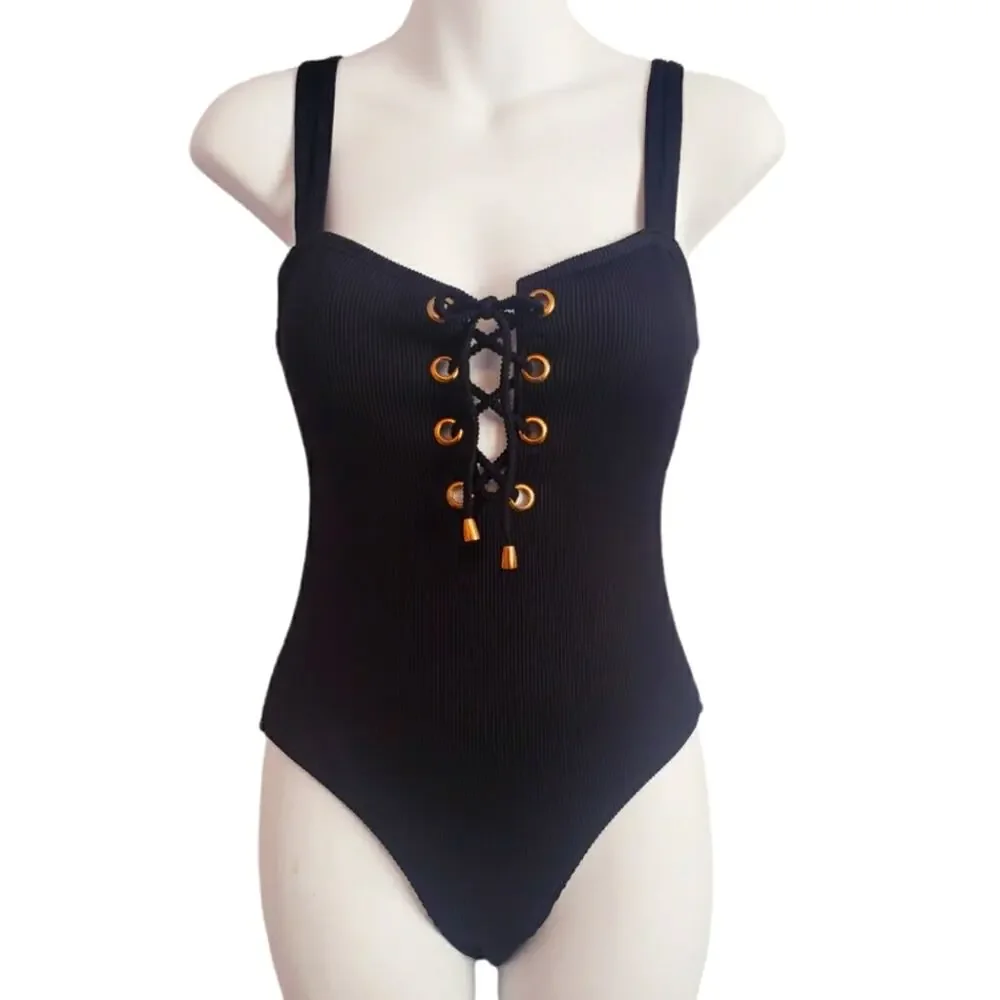 NWT Kensie Black Ribbed One‎ Peice Monokini Swimsuit Size Small Padded Lace Up